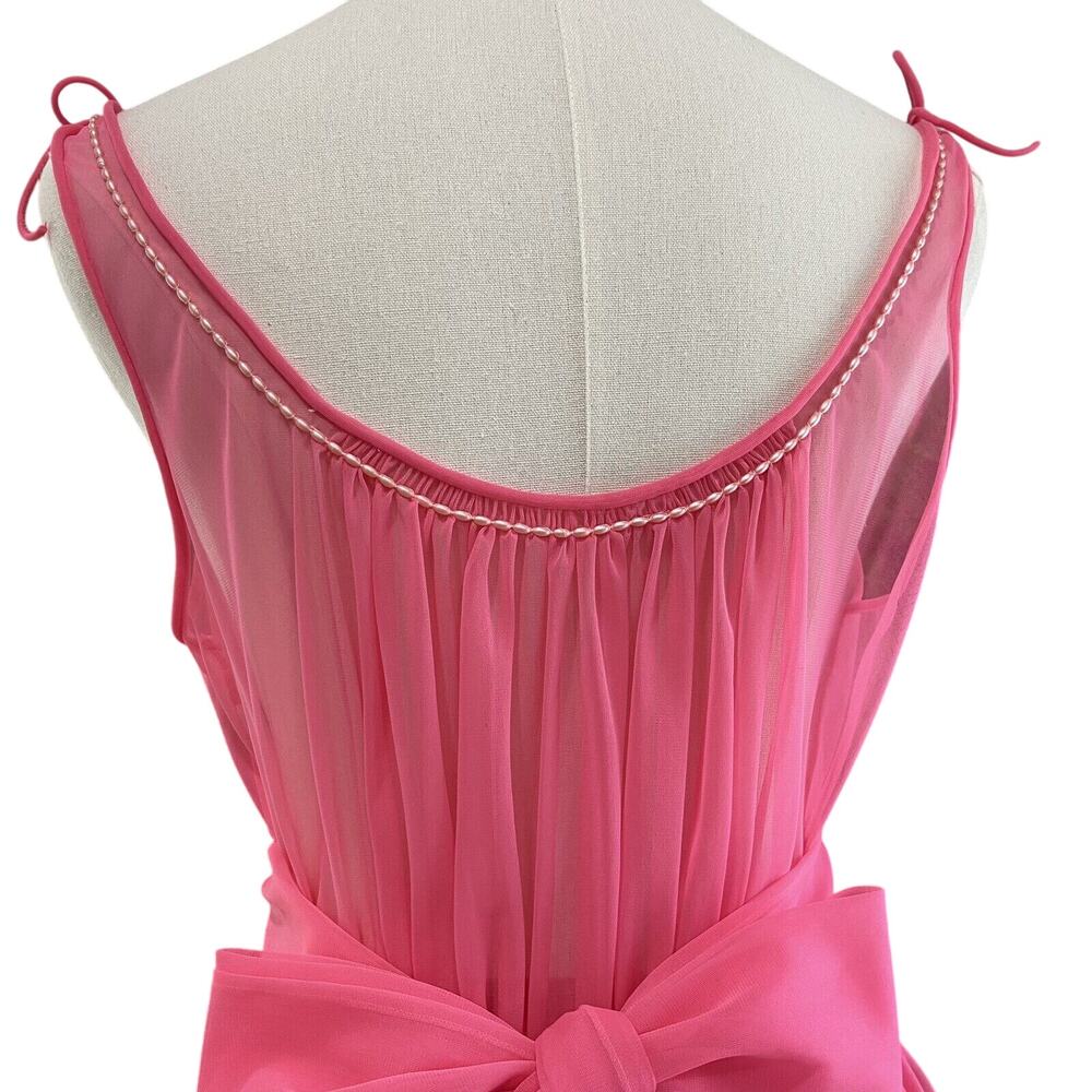 Vintage 50s Bubblegum Pink Nylon Chiffon Pearl Trim Babydoll Nightie Set Size M - Picture 11 of 16